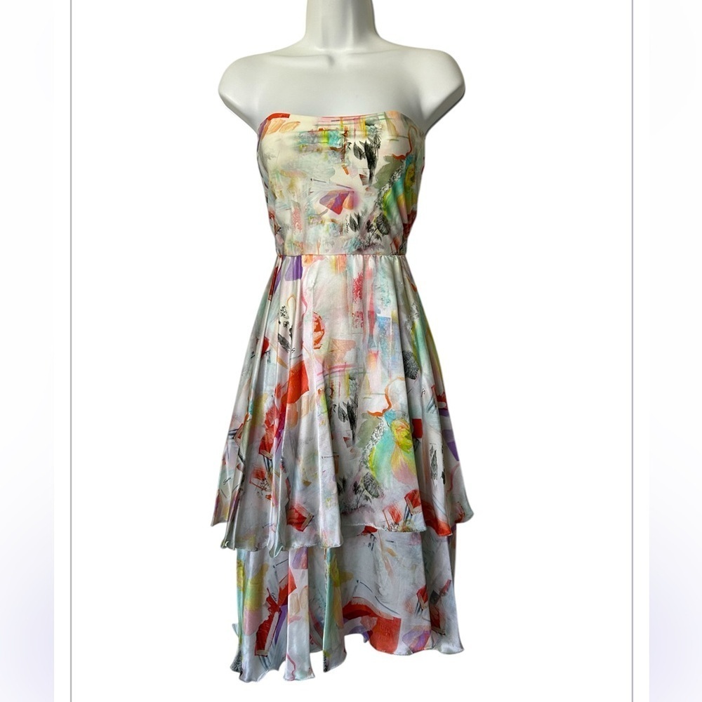 NWT Shan Canada Serena Silk Watercolor Strapless Dress tiered $550. excellent 6